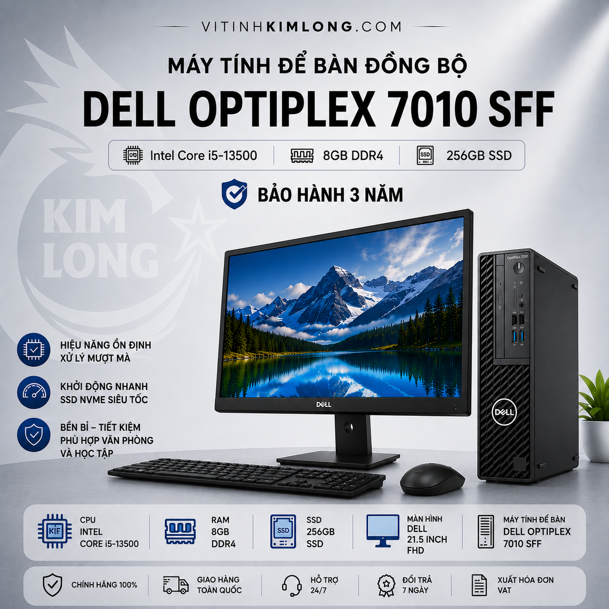 Máy tính bàn Dell Optiplex 7010 SFF i5-13500,8Gb DDR4,256SSD, UHD Graphics, No DVD,NO OS, No Wifi, Key KB216, Mouse MS116, 3Y Warranty